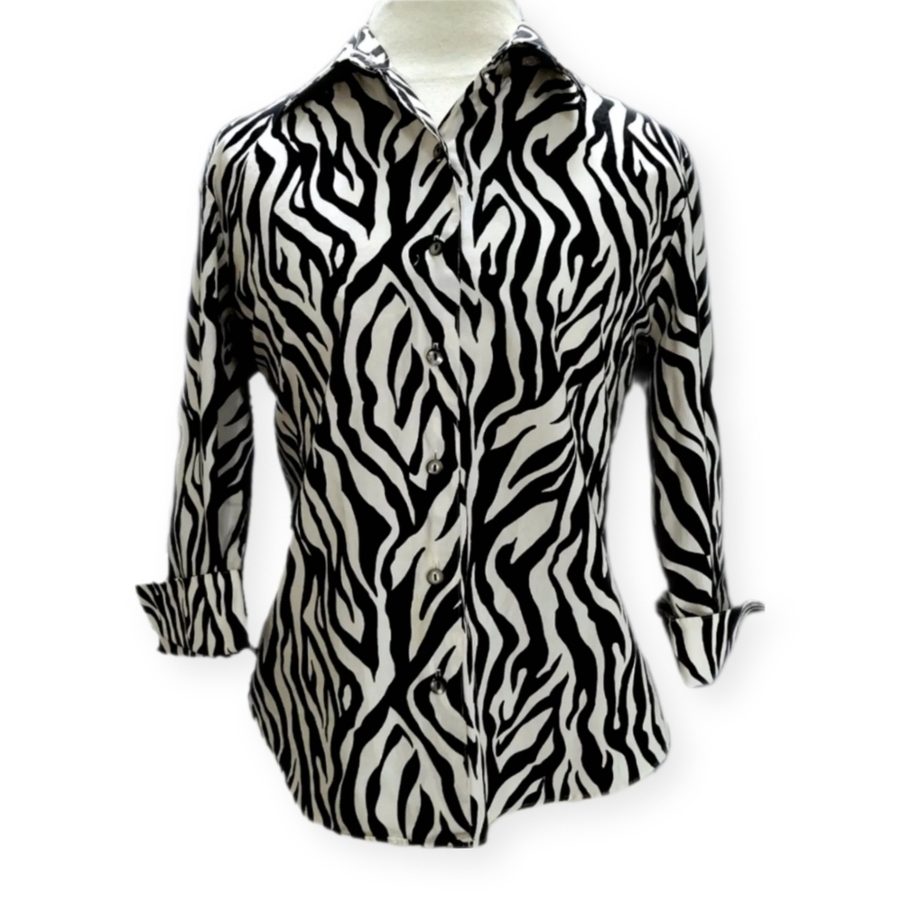 Westbound Womens 12P Top Zebra Animal Print Button Up 3/4 Sleeve Wrinkle Free